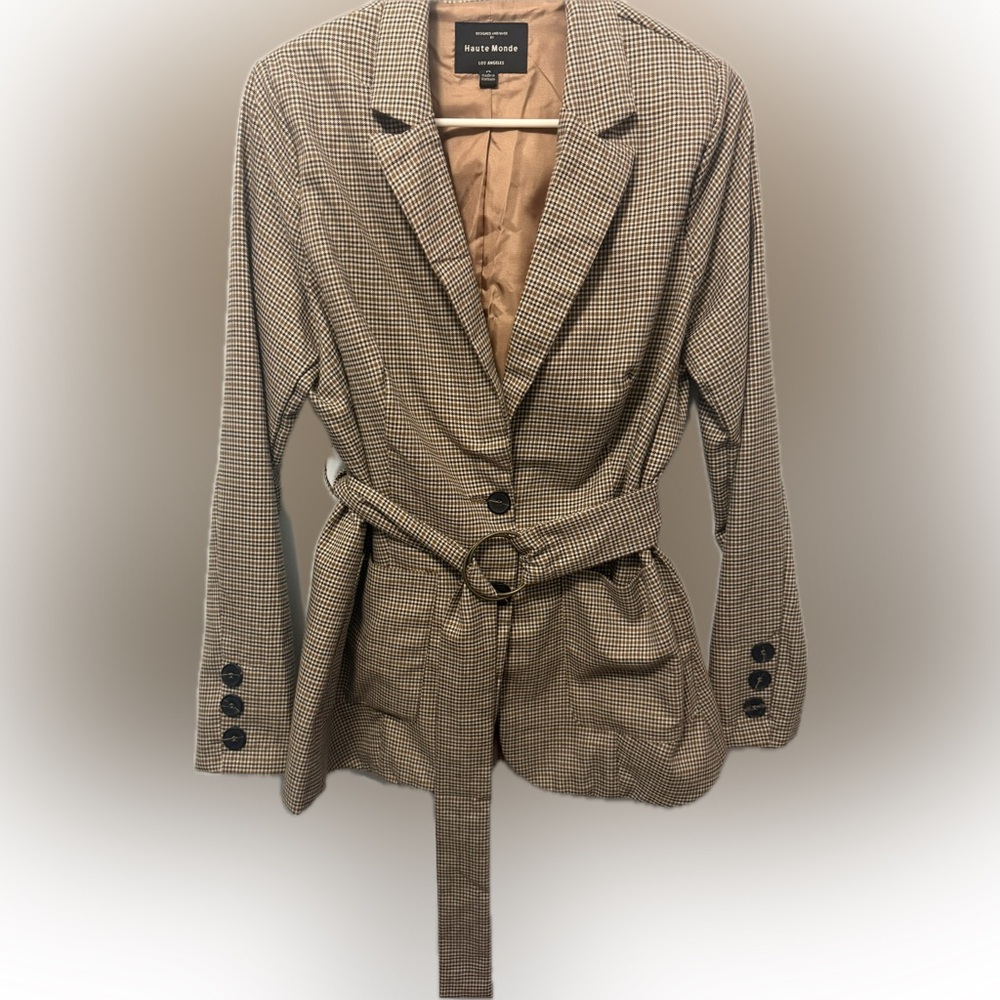 Tan Striped Blazer with Belted Waist